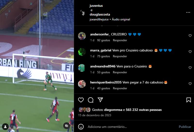Cruzeirenses fazem pedido a Douglas Costa em publicação no Instagram (Reprodução/ Redes Sociais)
