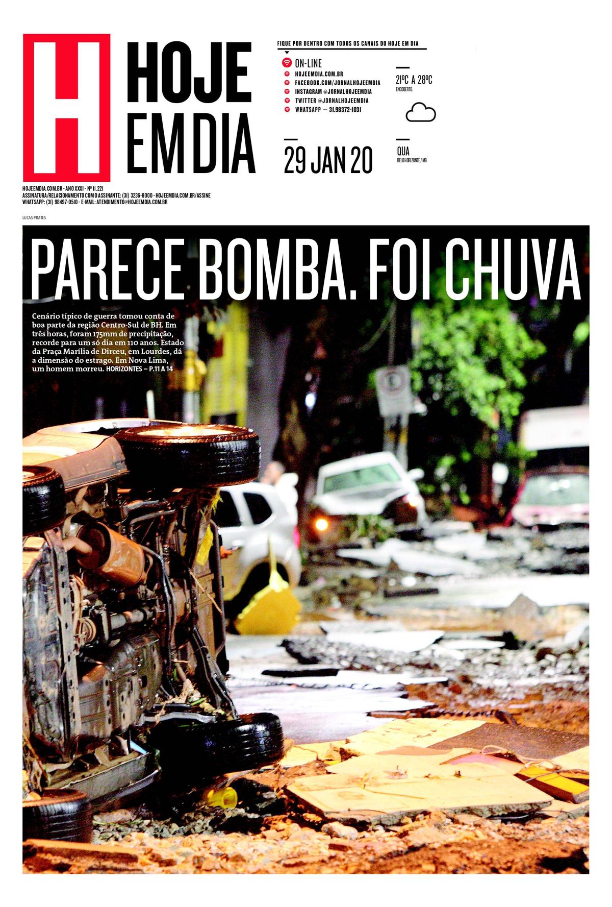 Capa da edição de 29 de janeiro de 2020 mostra estragos na Praça Marília de Dirceu após a pior chuva da história de BH ()