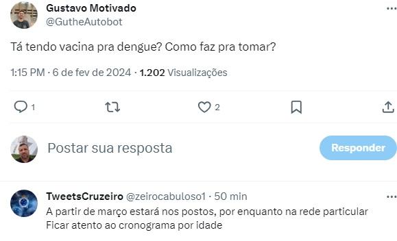Torcedor tira dúvida sobre vacina da dengue (Reprodução / Twitter Cruzeiro)