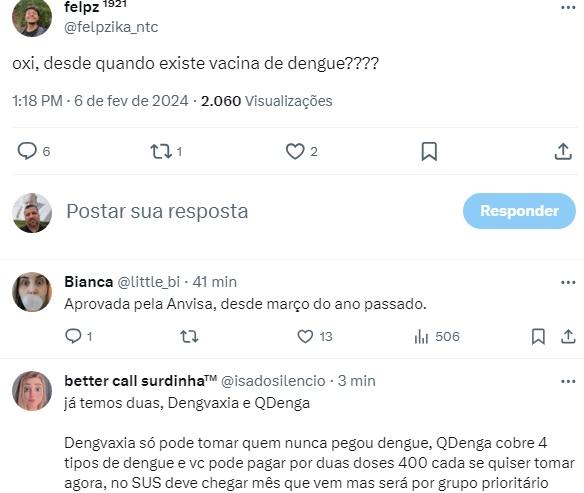 Torcedor tira dúvida sobre vacina da dengue (Reprodução / Twitter Cruzeiro)